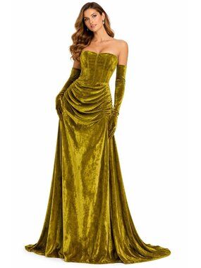 Green Velvet Off Shoulder Gown Gloves Ruched Corset Size 16